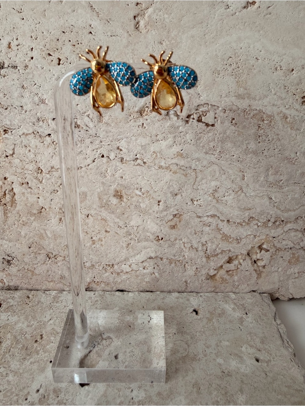 Gold Bee Stud Earrings | Blue Yellow Accent Fine Jewelry Butterfly Back Studs